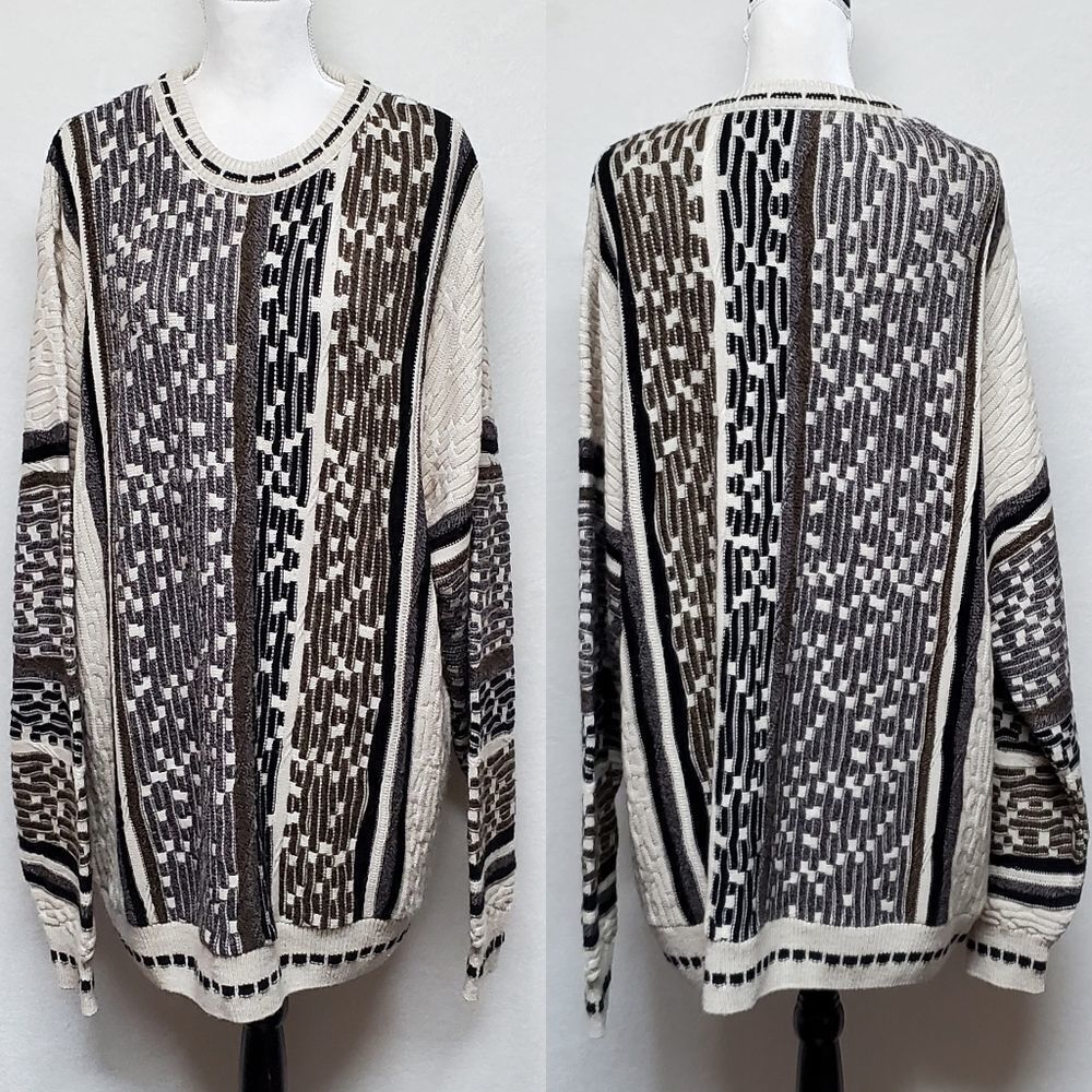VINTAGE 1980s SW Casuals Barcode Corded Cream Brown Crewneck Knit Sweater 3XLT
